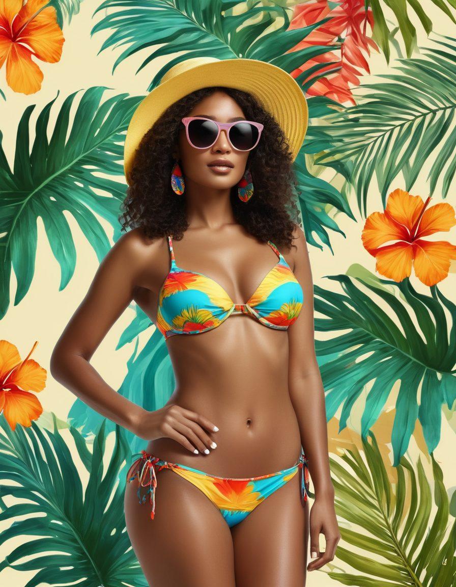 A vibrant beach scene showcasing the latest bikini and swimwear trends on models of diverse body types, adorned with colorful accessories like sunglasses and beach hats. Include playful ocean waves and tropical palm trees in the background. The image should evoke a sense of summer fun, relaxation, and style. bright colors. super-realistic.